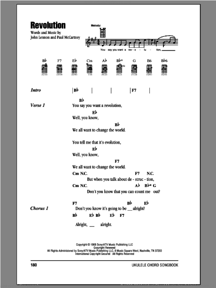 Revolution sheet music for ukulele (chords) by The Beatles, John Lennon and Paul McCartney, intermediate skill level