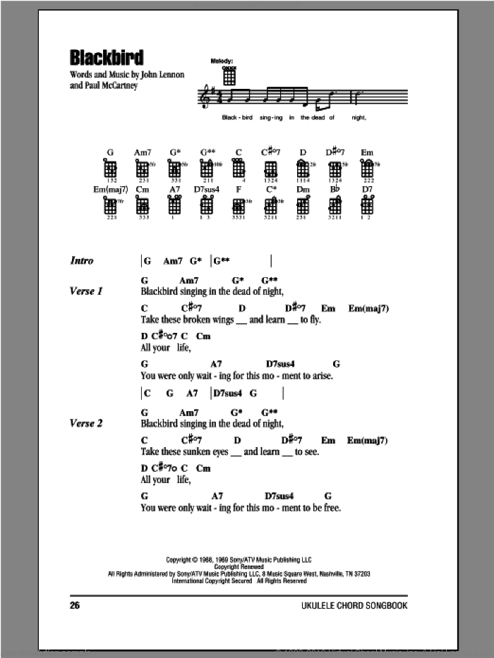 Blackbird sheet music for ukulele (chords) by The Beatles, John Lennon and Paul McCartney, intermediate skill level