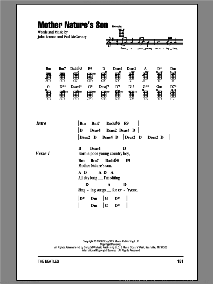 Mother Nature's Son sheet music for ukulele (chords) by The Beatles, John Lennon and Paul McCartney, intermediate skill level