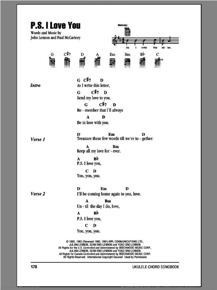 P.S. I Love You sheet music for ukulele (chords) by The Beatles, John Lennon and Paul McCartney, intermediate skill level