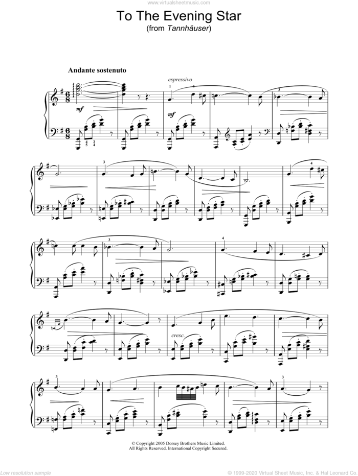 To The Evening Star (from Tannhauser) sheet music for piano solo by Richard Wagner, classical score, intermediate skill level