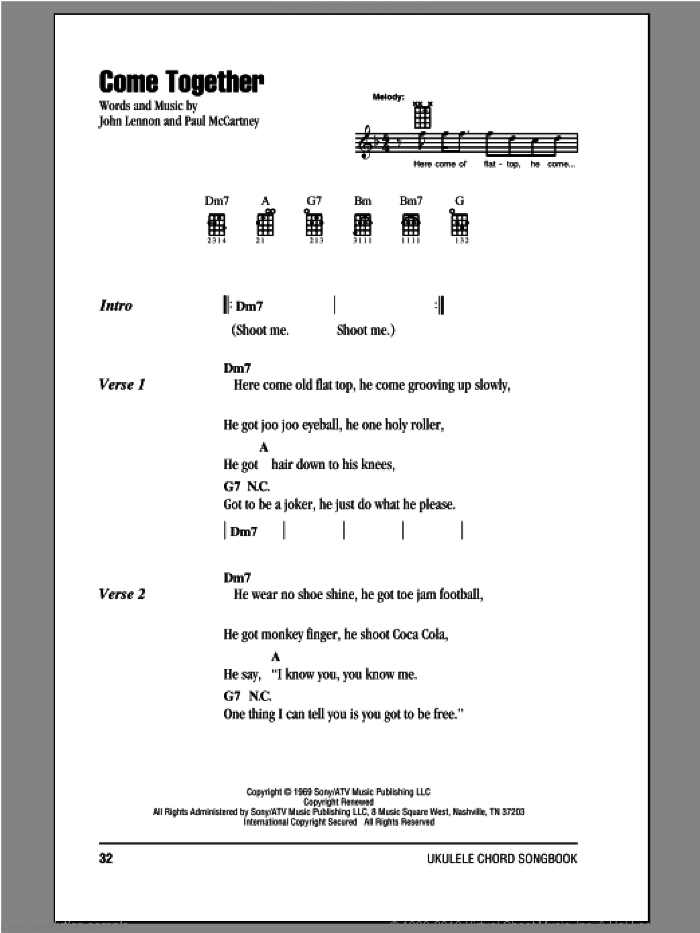 Come Together sheet music for ukulele (chords) by The Beatles, Aerosmith, John Lennon and Paul McCartney, intermediate skill level