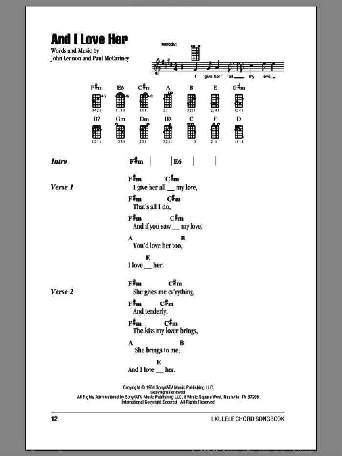 And I Love Her sheet music for ukulele (chords) by The Beatles, John Lennon and Paul McCartney, intermediate skill level