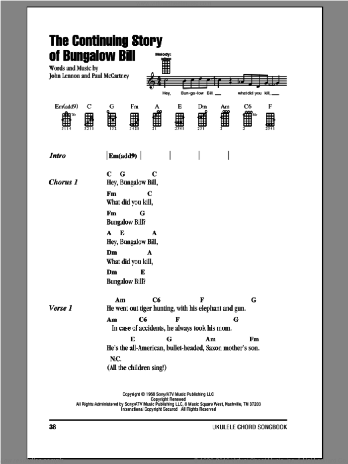 The Continuing Story Of Bungalow Bill sheet music for ukulele (chords) by The Beatles, John Lennon and Paul McCartney, intermediate skill level