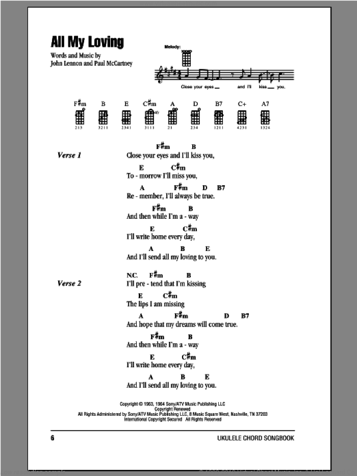 All My Loving sheet music for ukulele (chords) by The Beatles, John Lennon and Paul McCartney, intermediate skill level