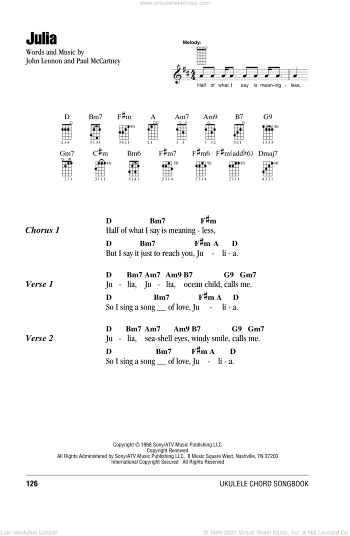 Julia sheet music for ukulele (chords) by The Beatles, John Lennon and Paul McCartney, intermediate skill level