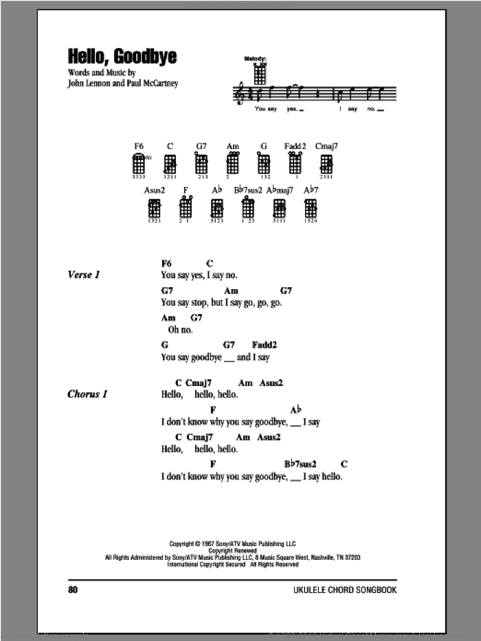 Hello, Goodbye sheet music for ukulele (chords) by The Beatles, John Lennon and Paul McCartney, intermediate skill level