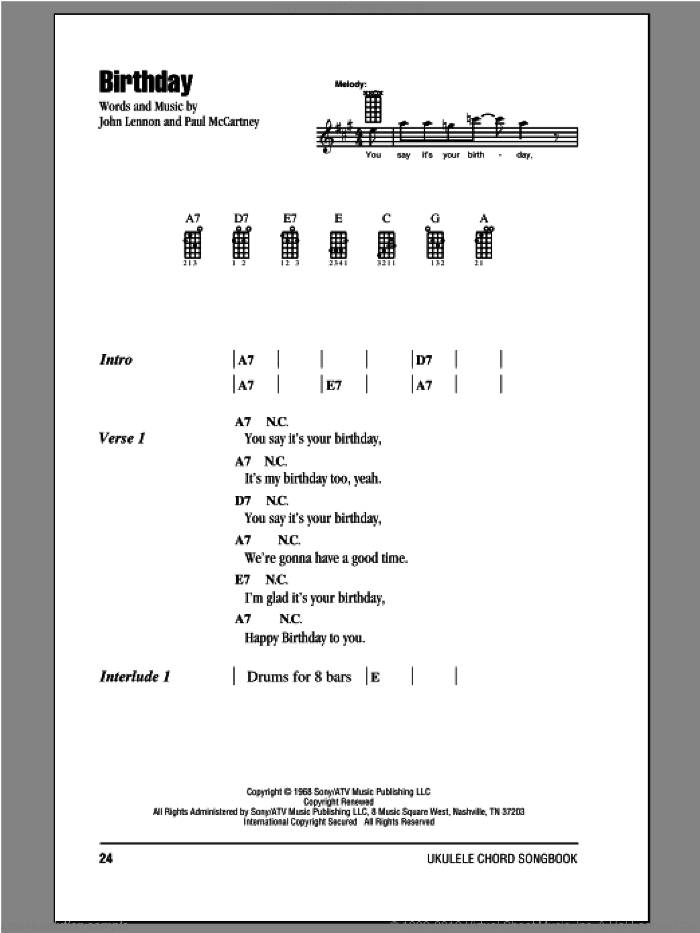 Birthday sheet music for ukulele (chords) by The Beatles, John Lennon and Paul McCartney, intermediate skill level