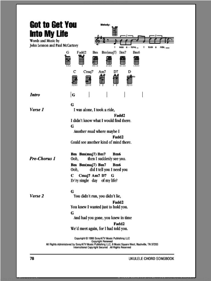 Got To Get You Into My Life sheet music for ukulele (chords) by The Beatles, John Lennon and Paul McCartney, intermediate skill level