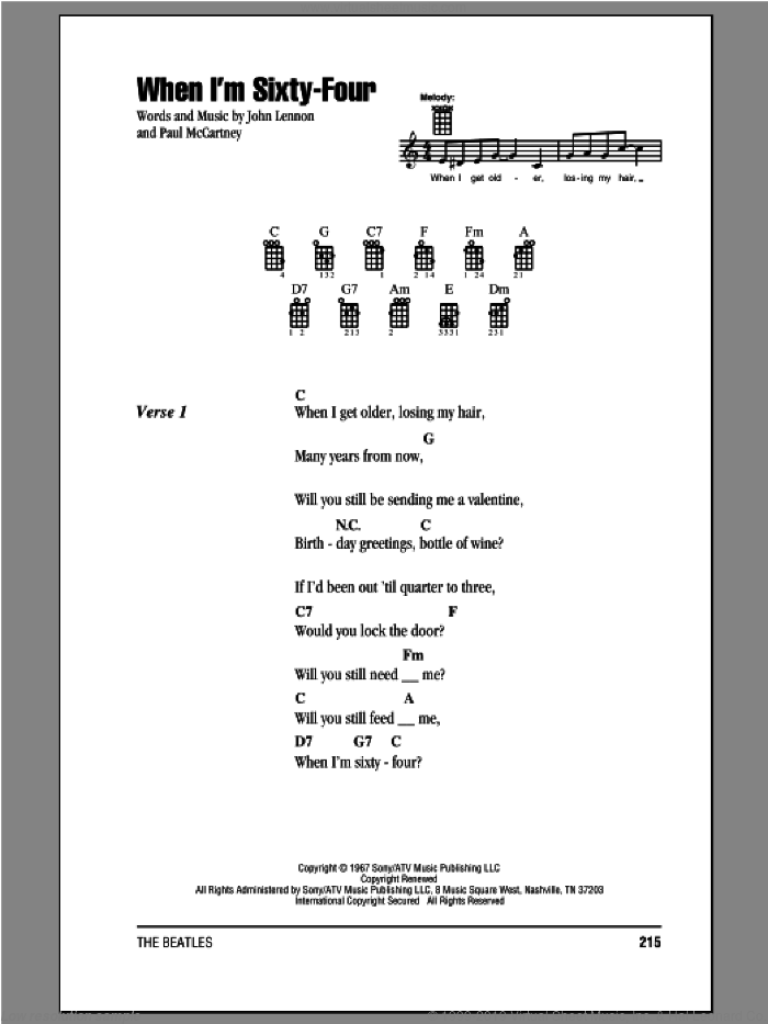 When I'm Sixty-Four sheet music for ukulele (chords) by The Beatles, John Lennon and Paul McCartney, intermediate skill level