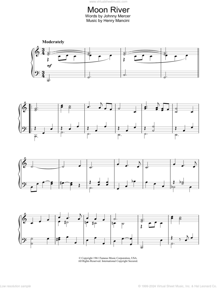 Moon River sheet music for piano solo by Henry Mancini and Johnny Mercer, intermediate skill level