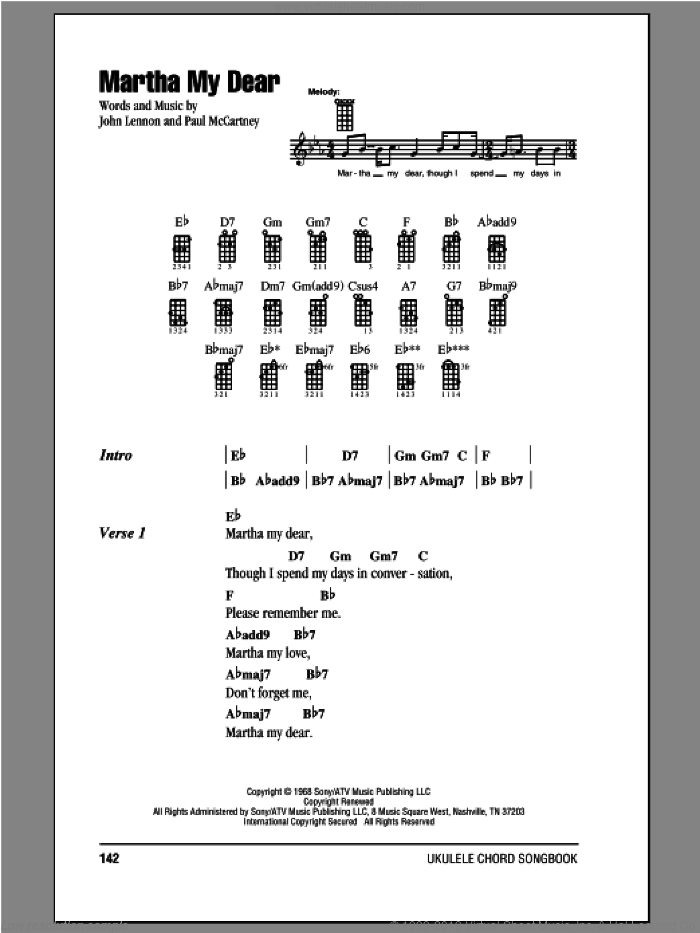 Martha My Dear sheet music for ukulele (chords) by The Beatles, John Lennon and Paul McCartney, intermediate skill level