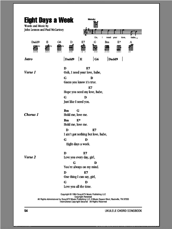 Eight Days A Week sheet music for ukulele (chords) by The Beatles, John Lennon and Paul McCartney, intermediate skill level