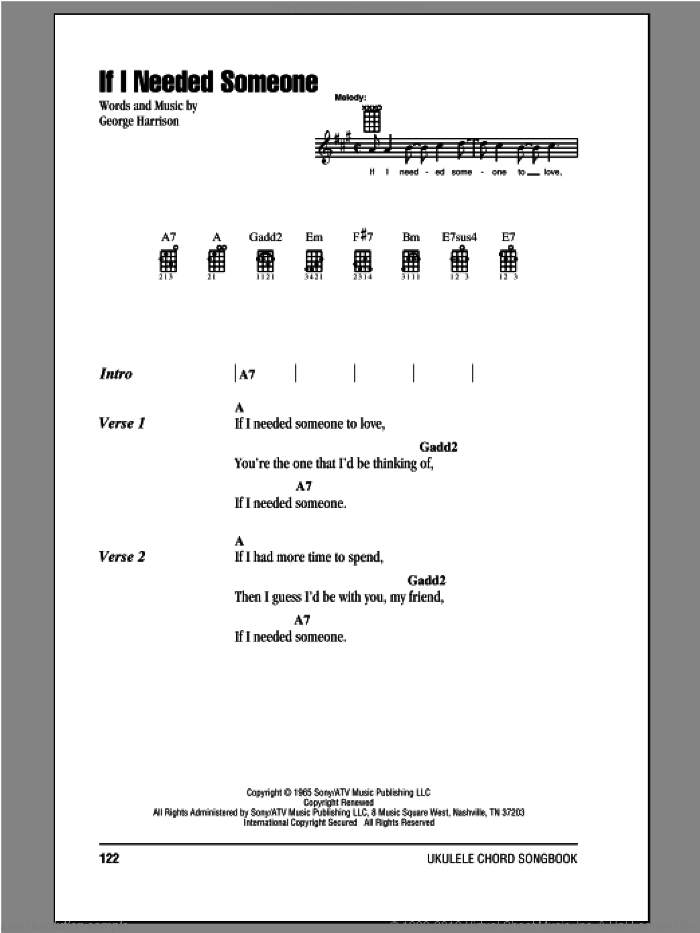 If I Needed Someone sheet music for ukulele (chords) by The Beatles and George Harrison, intermediate skill level