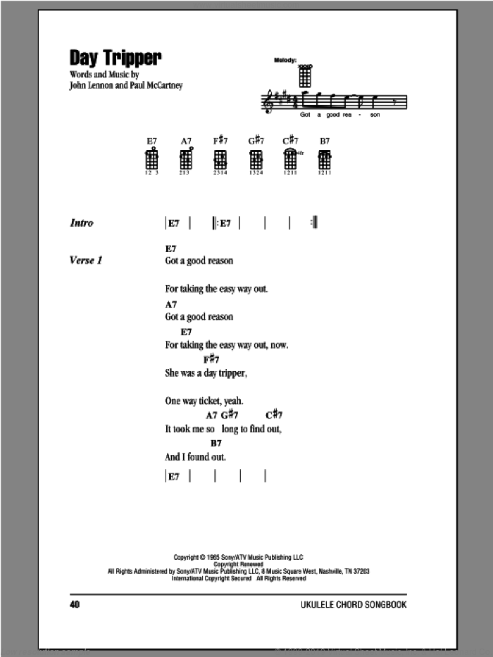 Day Tripper sheet music for ukulele (chords) by The Beatles, John Lennon and Paul McCartney, intermediate skill level