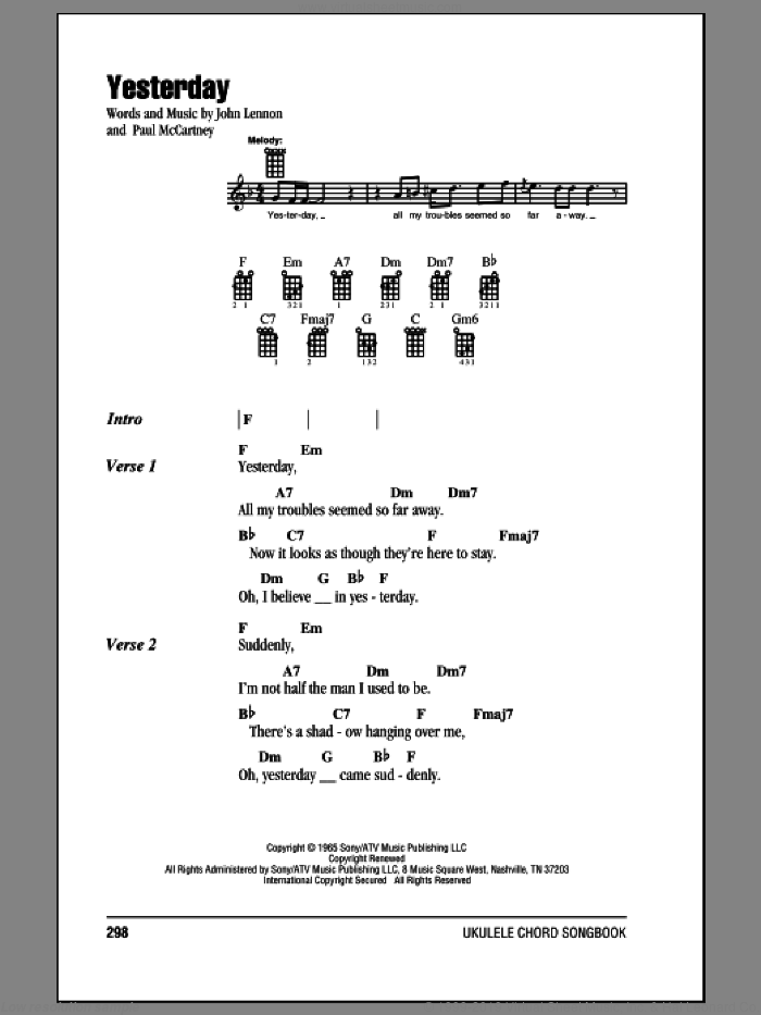 Yesterday sheet music for ukulele (chords) by The Beatles, John Lennon and Paul McCartney, intermediate skill level