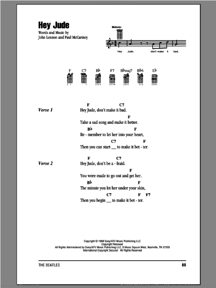 Hey Jude sheet music for ukulele (chords) by The Beatles, John Lennon and Paul McCartney, intermediate skill level