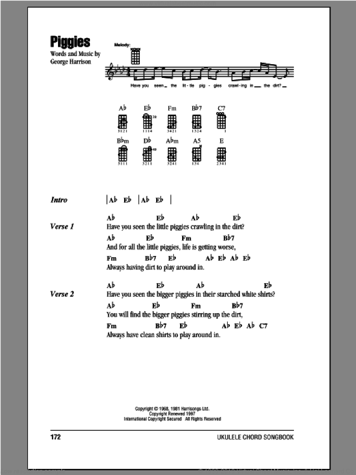Piggies sheet music for ukulele (chords) by The Beatles and George Harrison, intermediate skill level