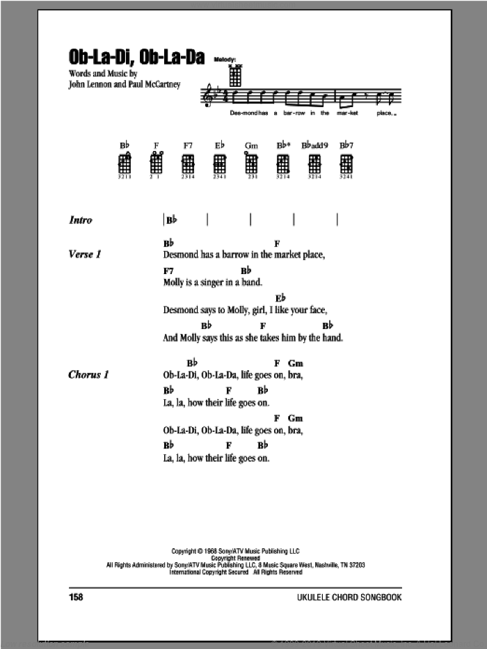 Ob-La-Di, Ob-La-Da sheet music for ukulele (chords) by The Beatles, John Lennon and Paul McCartney, intermediate skill level