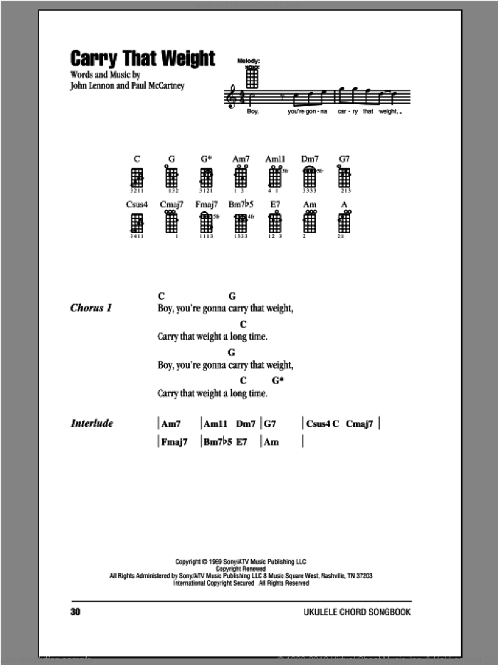 Carry That Weight sheet music for ukulele (chords) by The Beatles, John Lennon and Paul McCartney, intermediate skill level