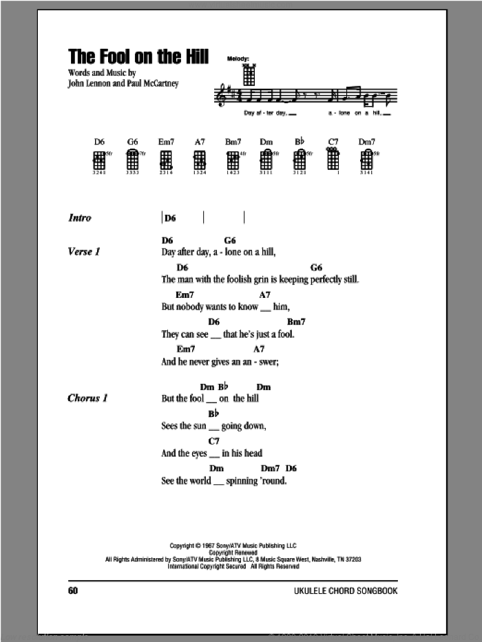 The Fool On The Hill sheet music for ukulele (chords) by The Beatles, John Lennon and Paul McCartney, intermediate skill level