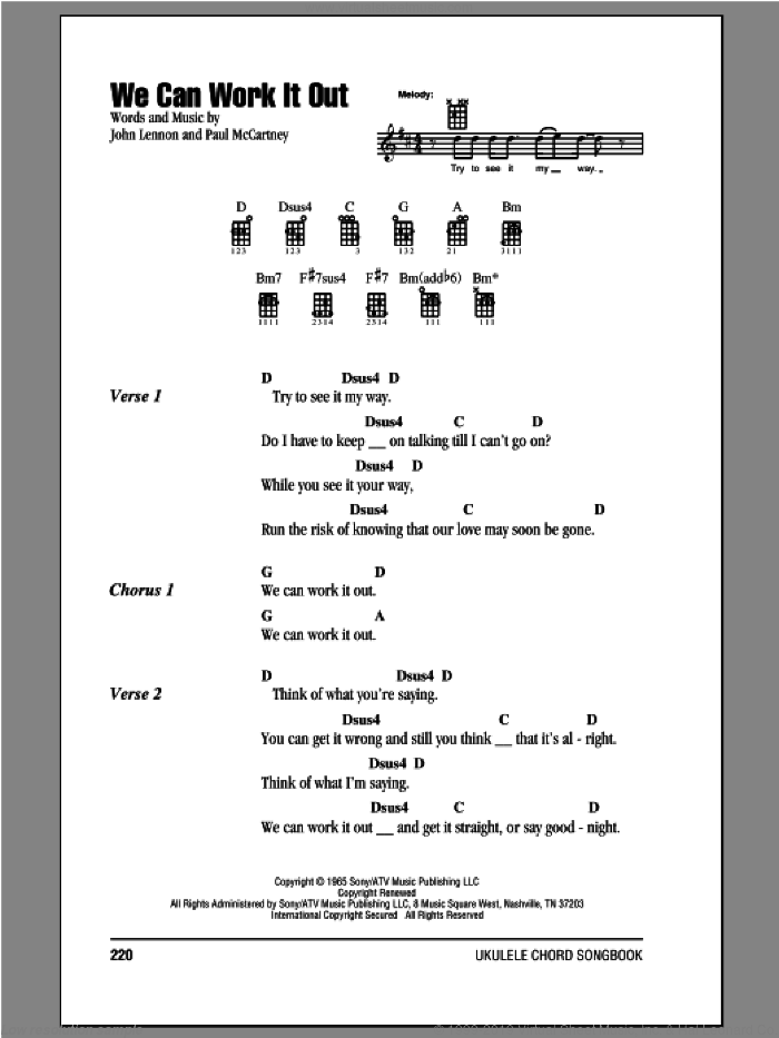 We Can Work It Out sheet music for ukulele (chords) by The Beatles, John Lennon and Paul McCartney, intermediate skill level