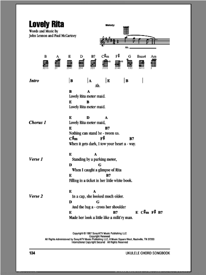 Lovely Rita sheet music for ukulele (chords) by The Beatles, John Lennon and Paul McCartney, intermediate skill level