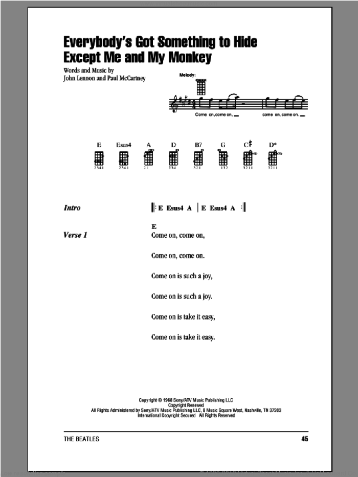 Everybody's Got Something To Hide Except Me And My Monkey sheet music for ukulele (chords) by The Beatles, John Lennon and Paul McCartney, intermediate skill level