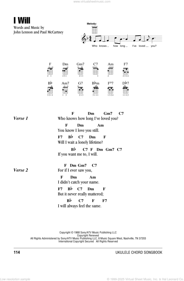 I Will sheet music for ukulele (chords) by The Beatles, John Lennon and Paul McCartney, wedding score, intermediate skill level