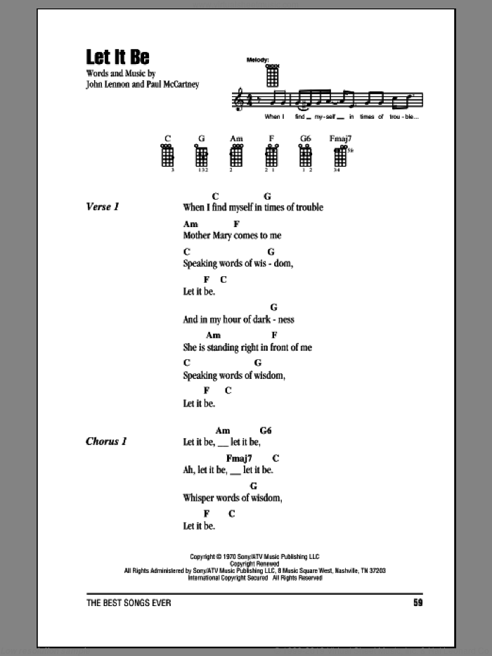 Let It Be sheet music for ukulele (chords) by The Beatles, John Lennon and Paul McCartney, intermediate skill level