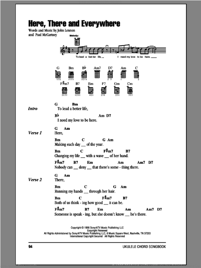 Here, There And Everywhere sheet music for ukulele (chords) by The Beatles, John Lennon and Paul McCartney, wedding score, intermediate skill level