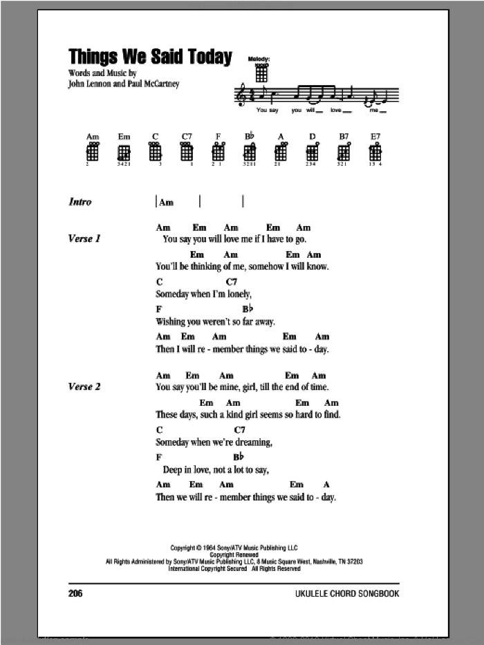Things We Said Today sheet music for ukulele (chords) by The Beatles, John Lennon and Paul McCartney, intermediate skill level