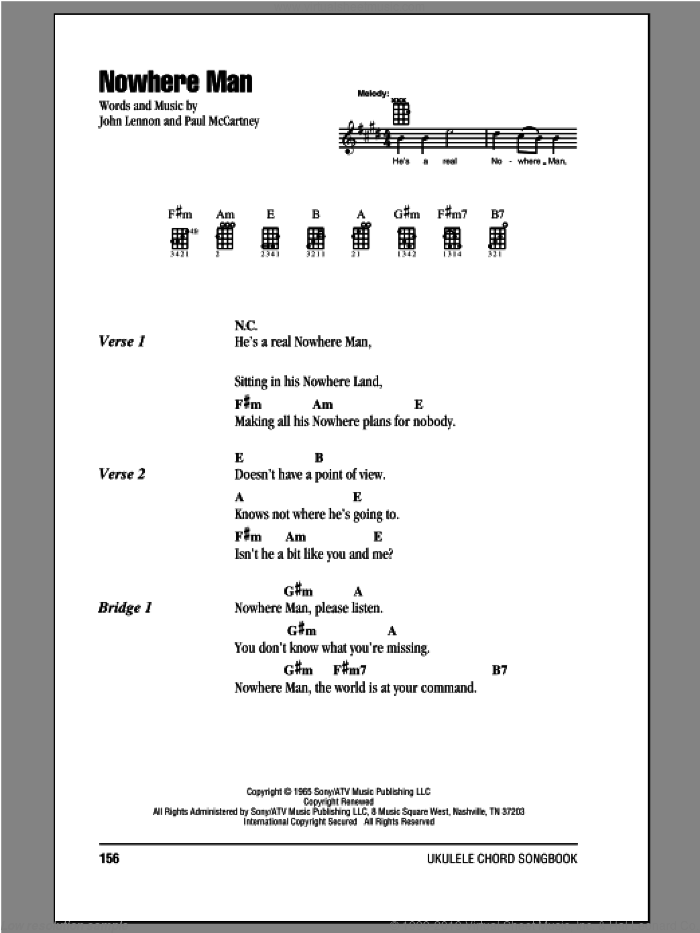 Nowhere Man sheet music for ukulele (chords) by The Beatles, John Lennon and Paul McCartney, intermediate skill level