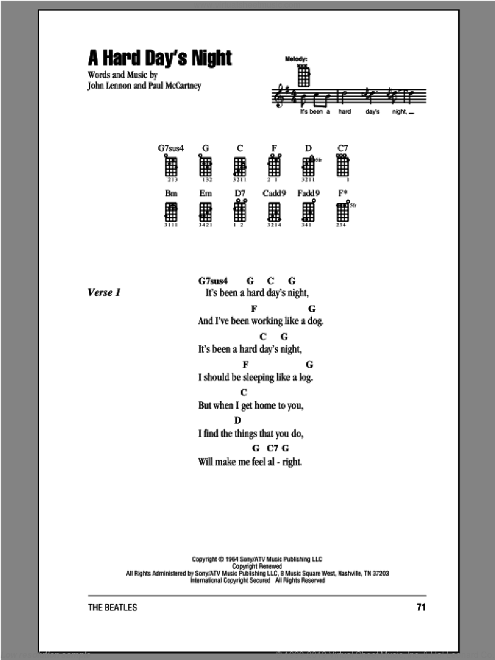 A Hard Day's Night sheet music for ukulele (chords) by The Beatles, John Lennon and Paul McCartney, intermediate skill level