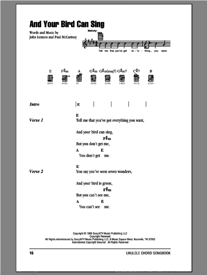 And Your Bird Can Sing sheet music for ukulele (chords) by The Beatles, John Lennon and Paul McCartney, intermediate skill level