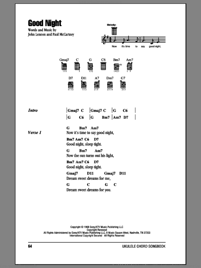 Good Night sheet music for ukulele (chords) by The Beatles, John Lennon and Paul McCartney, intermediate skill level