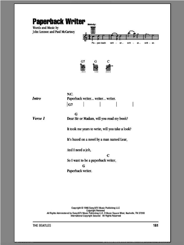 Paperback Writer sheet music for ukulele (chords) by The Beatles, John Lennon and Paul McCartney, intermediate skill level