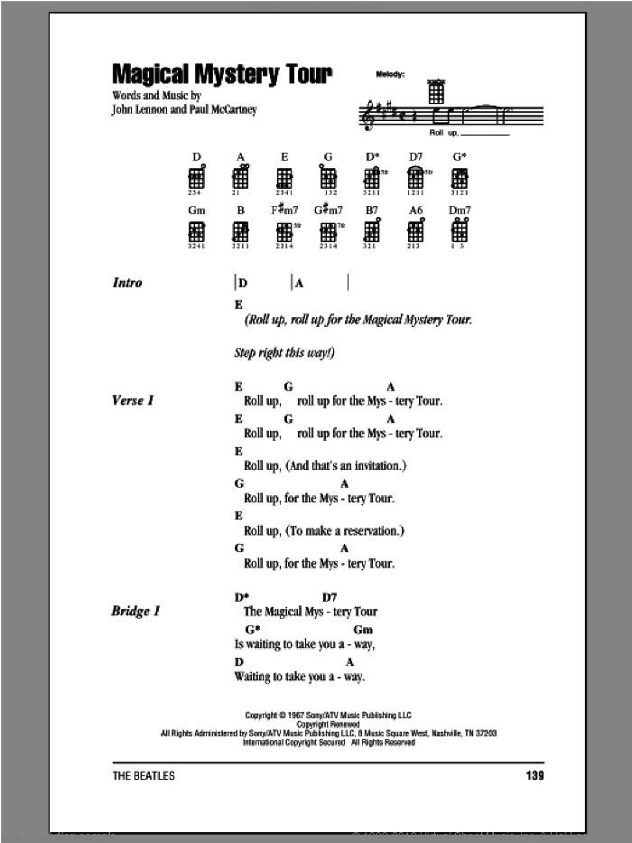 Magical Mystery Tour sheet music for ukulele (chords) by The Beatles, John Lennon and Paul McCartney, intermediate skill level