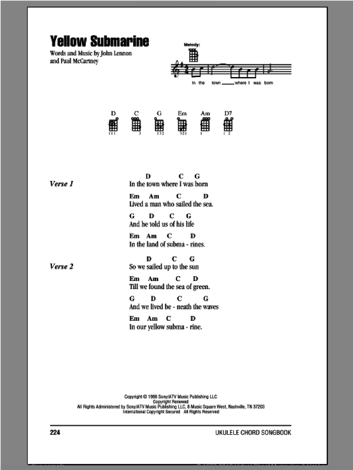 Yellow Submarine sheet music for ukulele (chords) by The Beatles, John Lennon and Paul McCartney, intermediate skill level