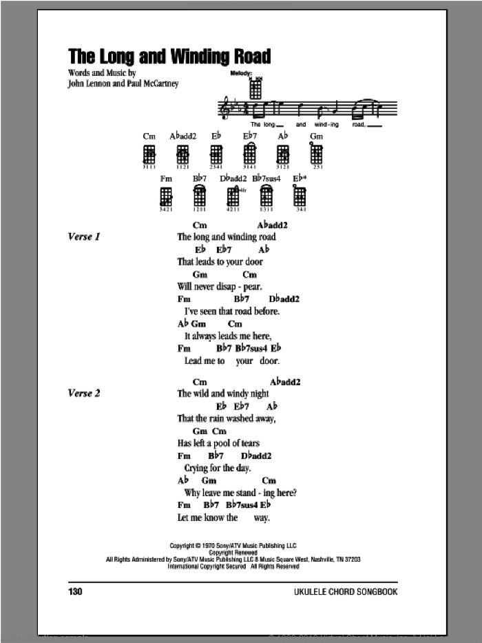 The Long And Winding Road sheet music for ukulele (chords) by The Beatles, John Lennon and Paul McCartney, intermediate skill level