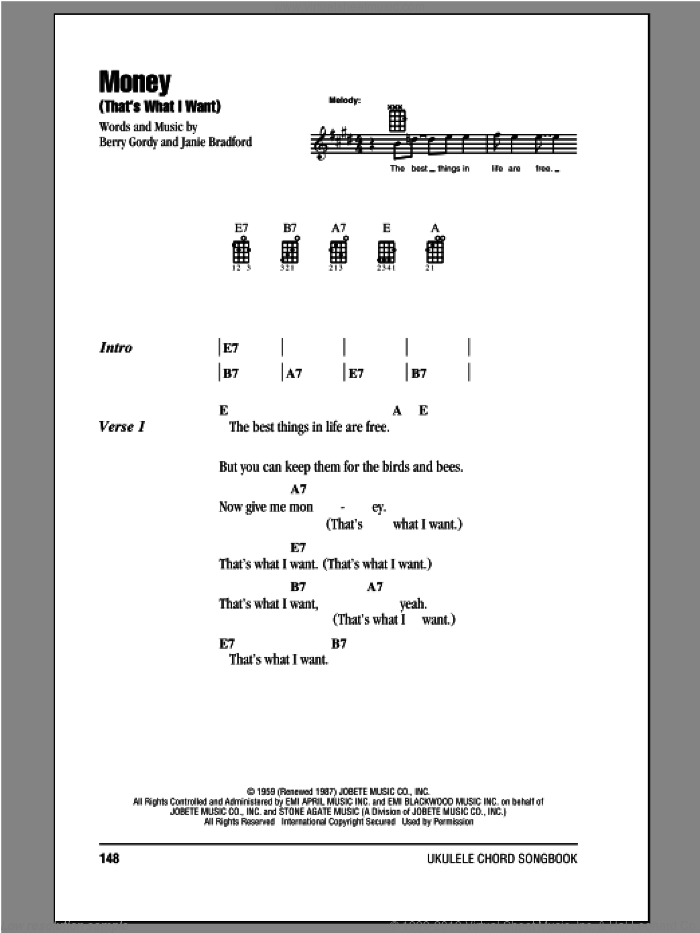 Money (That's What I Want) sheet music for ukulele (chords) by The Beatles, intermediate skill level