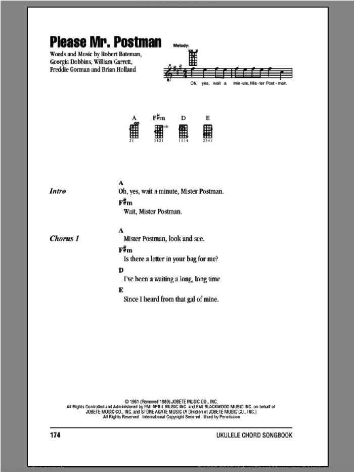 Please Mr. Postman sheet music for ukulele (chords) by The Beatles, intermediate skill level