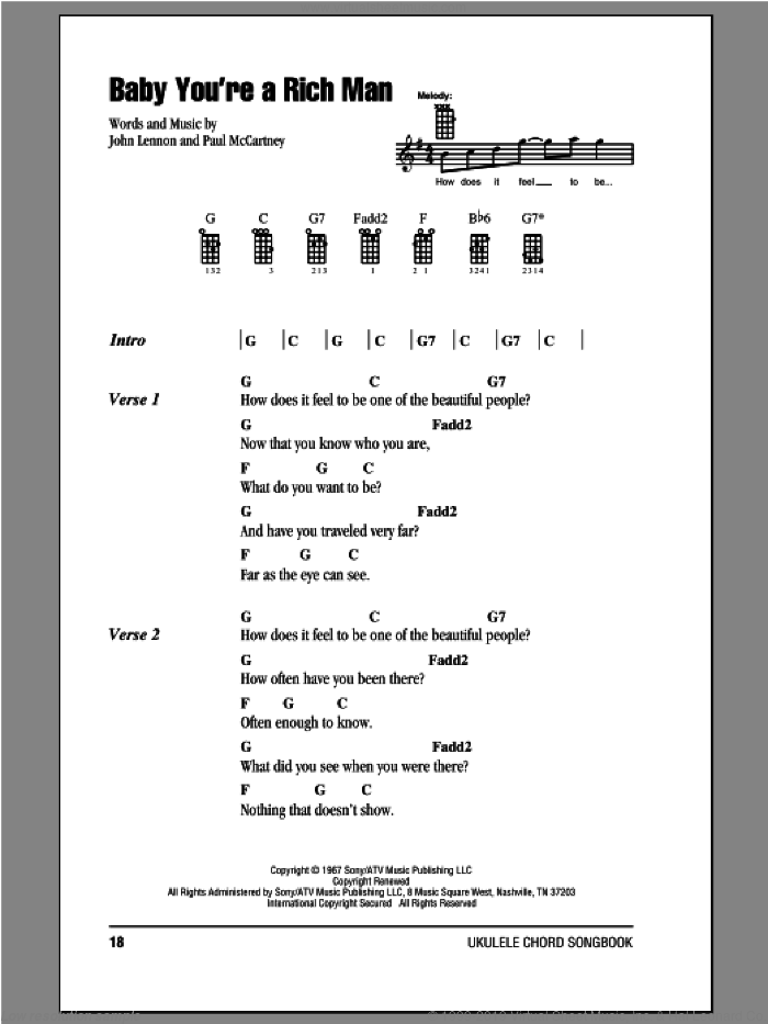 Baby You're A Rich Man sheet music for ukulele (chords) by The Beatles, John Lennon and Paul McCartney, intermediate skill level