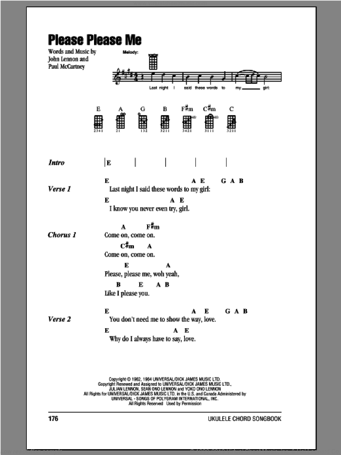 Please Please Me sheet music for ukulele (chords) by The Beatles, John Lennon and Paul McCartney, intermediate skill level