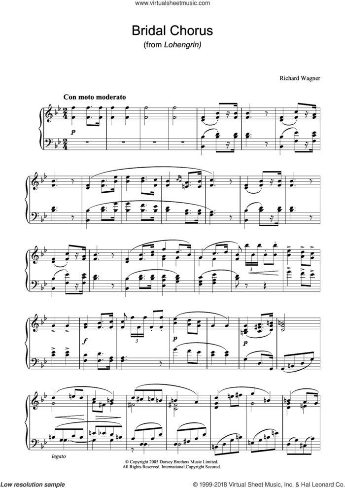 Bridal Chorus (from Lohengrin) sheet music for piano solo by Richard Wagner, classical wedding score, intermediate skill level