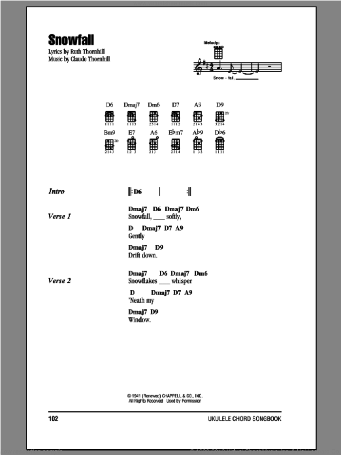 Snowfall sheet music for ukulele (chords) by Claude Thornhill, Ruth Thornhill and Tony Bennett, intermediate skill level