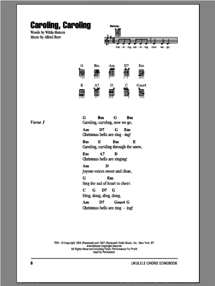 Caroling, Caroling sheet music for ukulele (chords) by Wihla Hutson and Alfred Burt, intermediate skill level