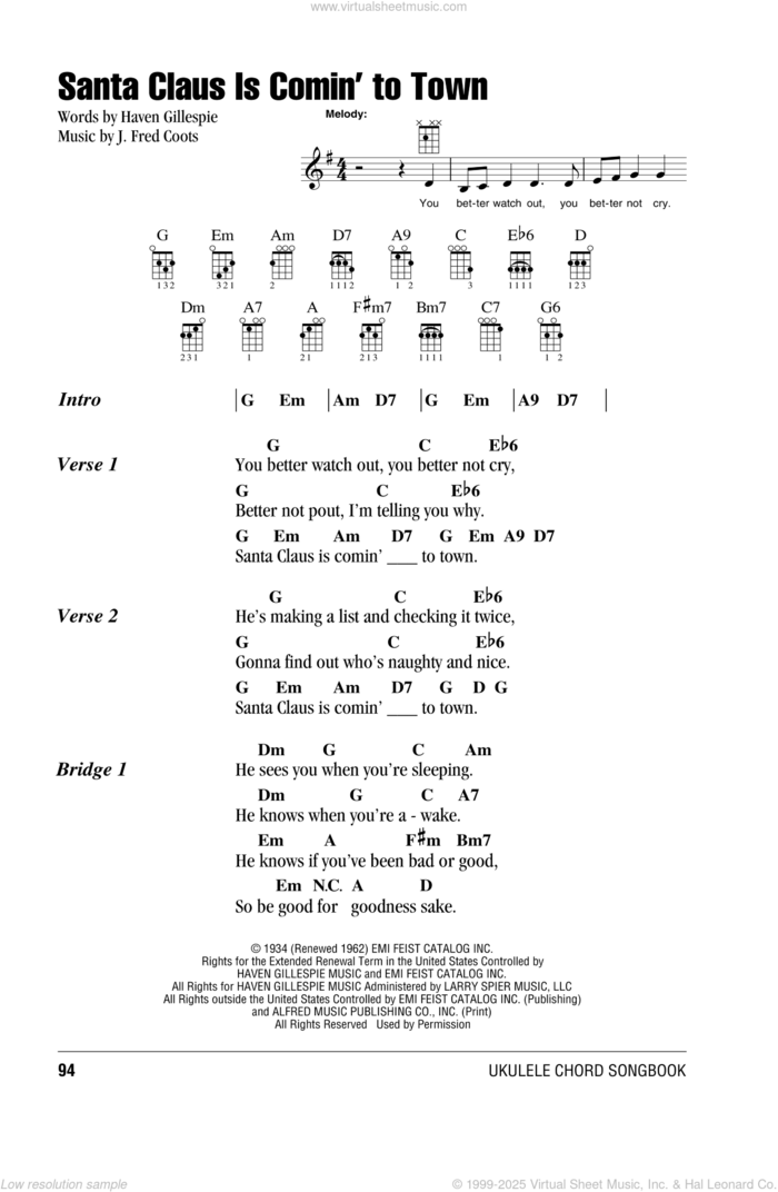 Santa Claus Is Comin' To Town sheet music for ukulele (chords) by J. Fred Coots and Haven Gillespie, intermediate skill level