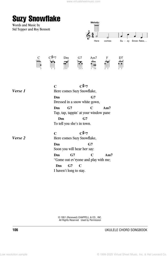 Suzy Snowflake sheet music for ukulele (chords) by Sid Tepper and Roy Bennett, intermediate skill level