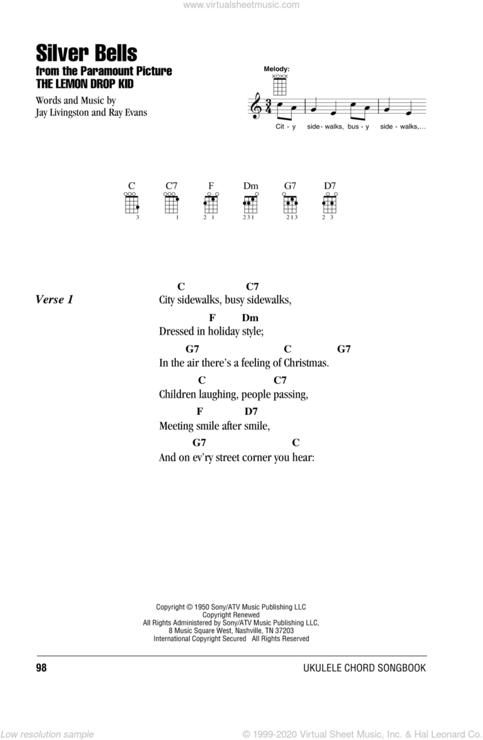 Silver Bells sheet music for ukulele (chords) by Ray Evans and Jay Livingston, intermediate skill level